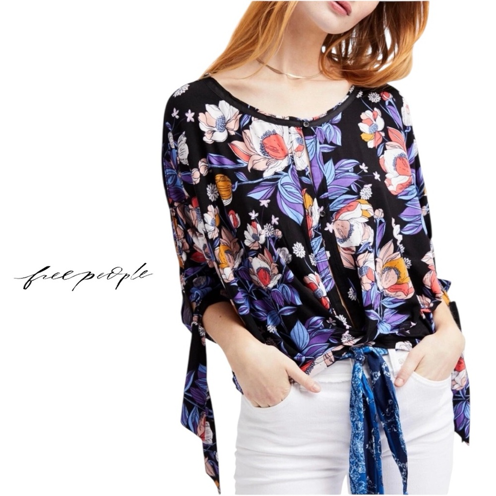Free People Keepin’ On Floral Tie Sleeve Blouse Black Size L
